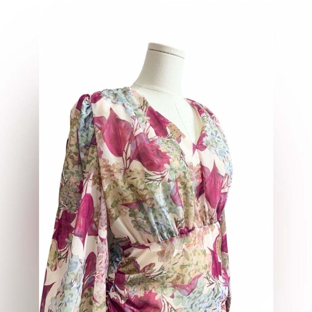 Floral V Neckline Cuff Sleeves Ruffle Skirt Chiffon Mini Dress Women Size Medium - Picture 3 of 8